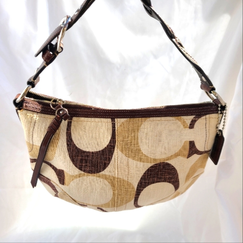 Authentic Coach Signature Tonal Linen Hobo Shoulder Bag